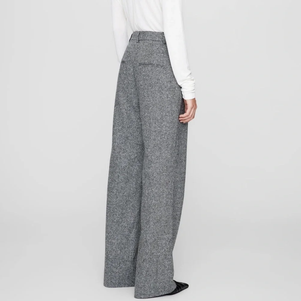 Anine Bing Pants Carrie Wool‎ Wideleg Trousers Black White Sz Xs 2